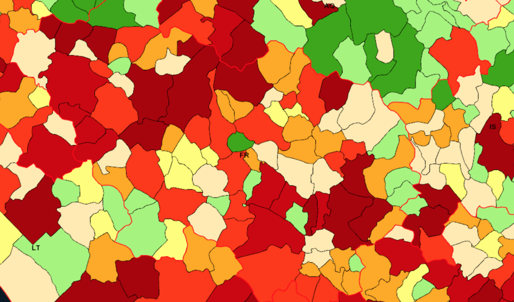 La rappresentazione grafica con mosaico colorato della popolazione a rischio frana nella provincia di Frosinone